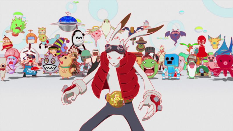 Avatares de OZ — Summer Wars Personaje conejo al centro rodeado de una gran variedad de criaturas y avatares coloridos en estilo digital.