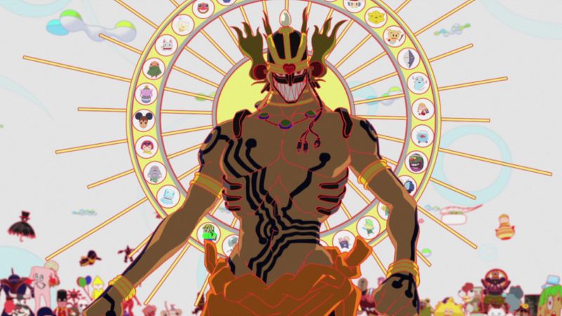 Love Machine — Summer Wars Figura oscura y musculosa con patrones rojos brillantes rodeada de íconos circulares y personajes coloridos.
