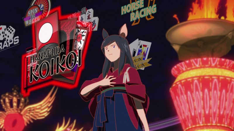 Arena de juegos — Summer Wars Personaje con orejas animales frente a un entorno lleno de letreros de juegos como Hanafuda, Blackjack y ruleta.