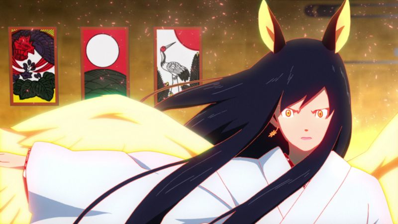 Espíritu digital — Summer Wars Personaje con orejas de zorro y ojos brillantes rodeado de luz dorada y paneles con arte japonés tradicional.