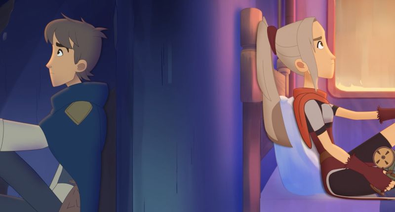 Hermanos Protagonistas en Un Reino Para Todos Nosotros Los dos hermanos protagonistas sentados de espaldas el uno al otro separados por una pared en tonos azules y púrpuras.