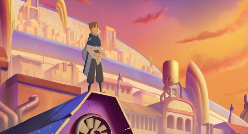 El Joven Protagonista Contempla la Ciudad El joven protagonista de pie sobre el techo de un edificio contemplando la majestuosa ciudad fantástica al atardecer.