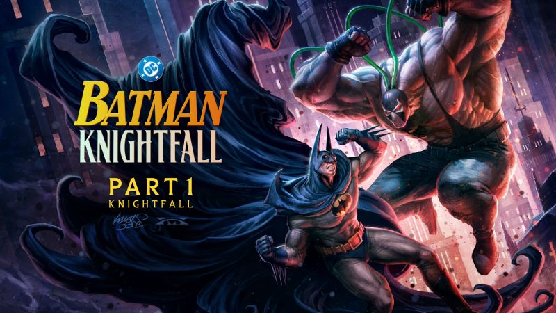 Batman Knightfall Parte 1 enfrentamiento animado contra Bane Ilustración al estilo cómic en la que Batman lucha contra un musculoso Bane con tubos de sustancia verde conectados a su cabeza. Al lado izquierdo destaca el título oficial Batman Knightfall Part 1 Knightfall sobre el manto oscuro flotante del héroe.