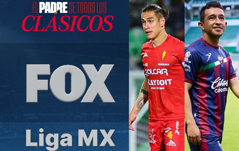 FOX Sports – Liga MX Apertura 2026 Gráfico promocional de FOX Sports con jugadores de Liga MX y el concepto del clásico entre Necaxa y Atlante.