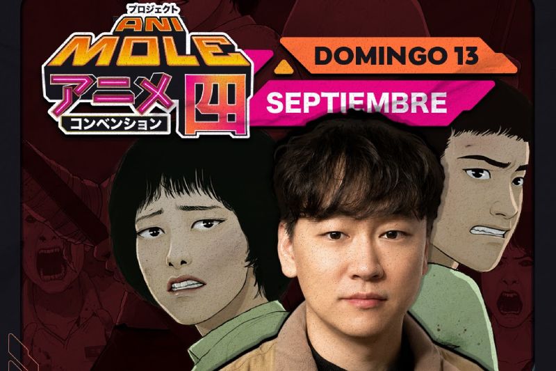 Promocional del autor Joo Dong-geun junto al logotipo de AniMole 4 en tonos rosa y naranja, con los personajes del webtoon Estamos muertos de fondo sobre fondo oscuro.