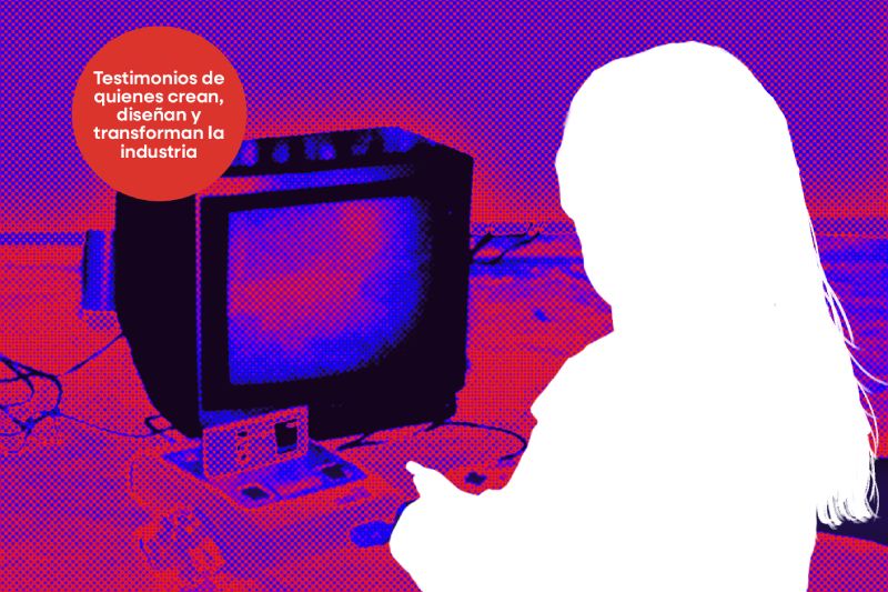 Portada del libro Veinticinco Mujeres Que Crean Videojuegos diseñada en tonos morados y rojos con textura de semitono. En la parte superior destaca el título en letras blancas gruesas, acompañado a la izquierda por un círculo rojo con el texto Testimonios de quienes crean, diseñan y transforman la industria. En el centro aparece la silueta en blanco de una niña sentada jugando frente a un televisor clásico y una consola retro. En la parte inferior figura el nombre de la autora Victoria “Cataxis” Pérez.