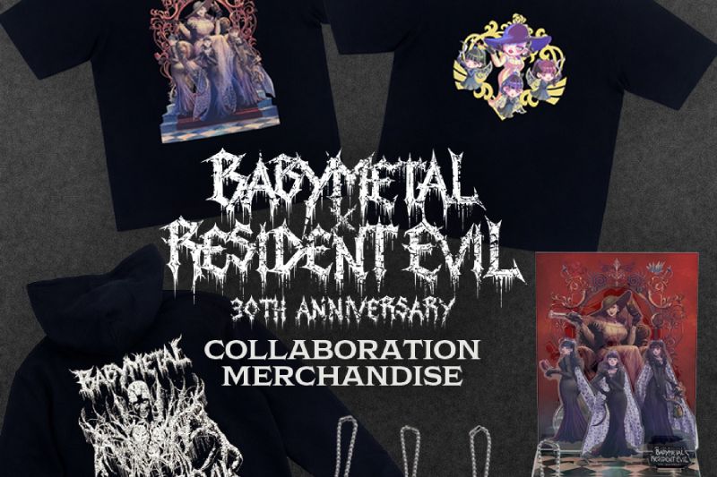 Vista general de la colección especial que incluye camisetas, sudadera, soporte acrílico y llaveros, con diseños que combinan la estética de BABYMETAL con personajes de Resident Evil, bajo el título de la colaboración y mención al 30 aniversario.