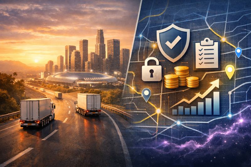 Composición visual que combina transporte de carga rumbo a una ciudad moderna con elementos gráficos relacionados con logística, seguridad y análisis de datos.