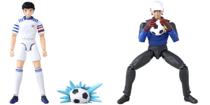 Fotografía de dos figuras articuladas inspiradas en personajes de futbol, una en pose ofensiva y otra en posición de portero.