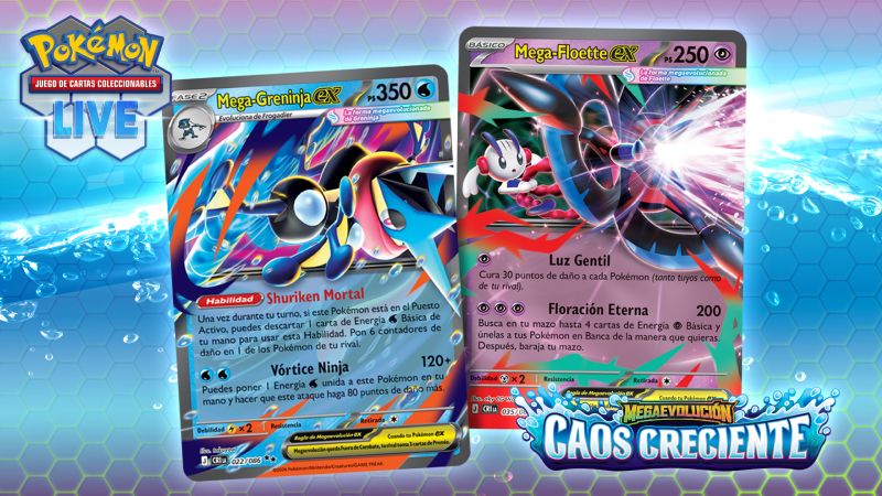Cartas de Mega-Greninja ex y Mega-Floette ex pertenecientes a la expansión Megaevolución-Caos Creciente de JCC Pokémon.
