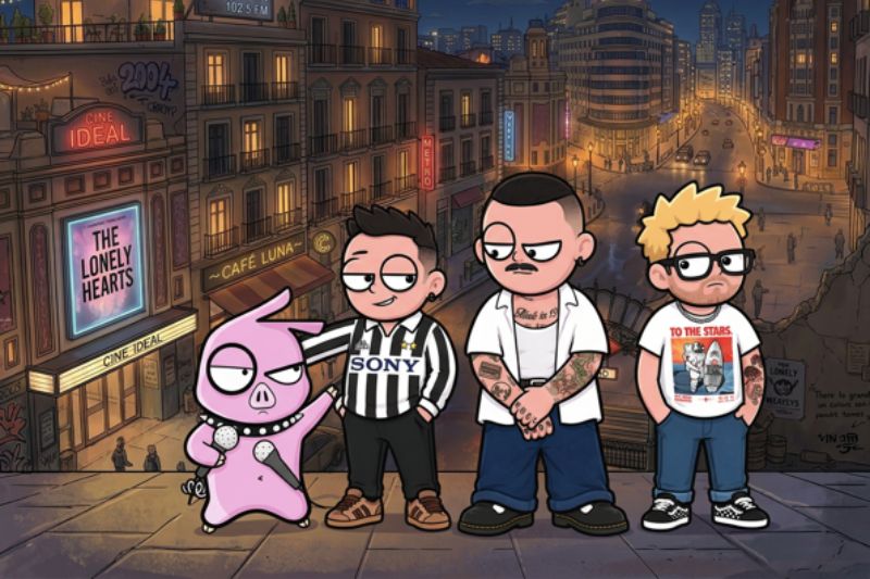 Ilustración en estilo caricatura que muestra a los tres integrantes de la banda Pignoise junto a la mascota de un cerdo rosa sosteniendo micrófonos, ubicados en una calle urbana nocturna con anuncios iluminados de fondo.