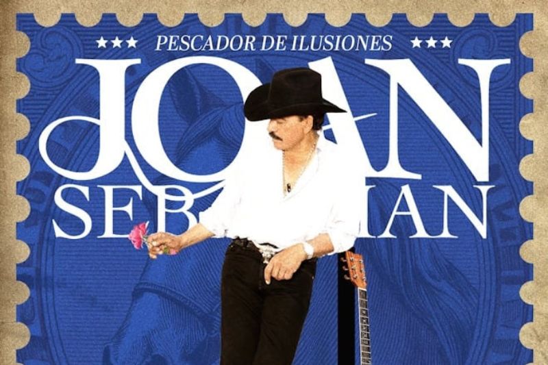 Arte promocional con Joan Sebastian posando junto a una guitarra sobre fondo azul.