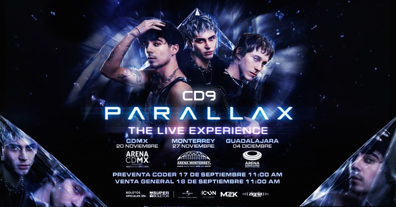 Póster promocional oficial de la gira PARALLAX de CD9 sobre un fondo cósmico en tonos azul oscuro y destellos luminosos. En el centro aparecen Alan Navarro, Along y Jos Canela vistiendo atuendos oscuros con toques metálicos. Al centro destaca el título CD9 PARALLAX THE LIVE EXPERIENCE junto con las fechas de CDMX (20 de noviembre), Monterrey (27 de noviembre) y Guadalajara (4 de diciembre), además de la información sobre la Preventa Coder del 17 de septiembre.