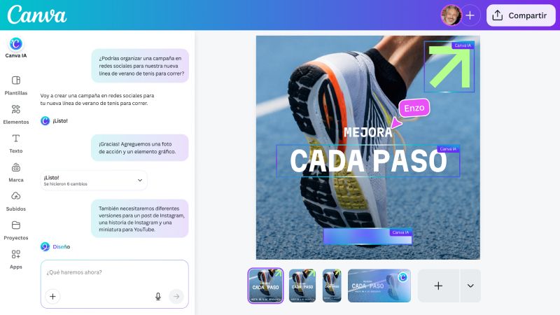 Interfaz de diseño digital con elementos gráficos coloridos y una fotografía de una persona corriendo, acompañada por herramientas de edición y paneles de conversación.