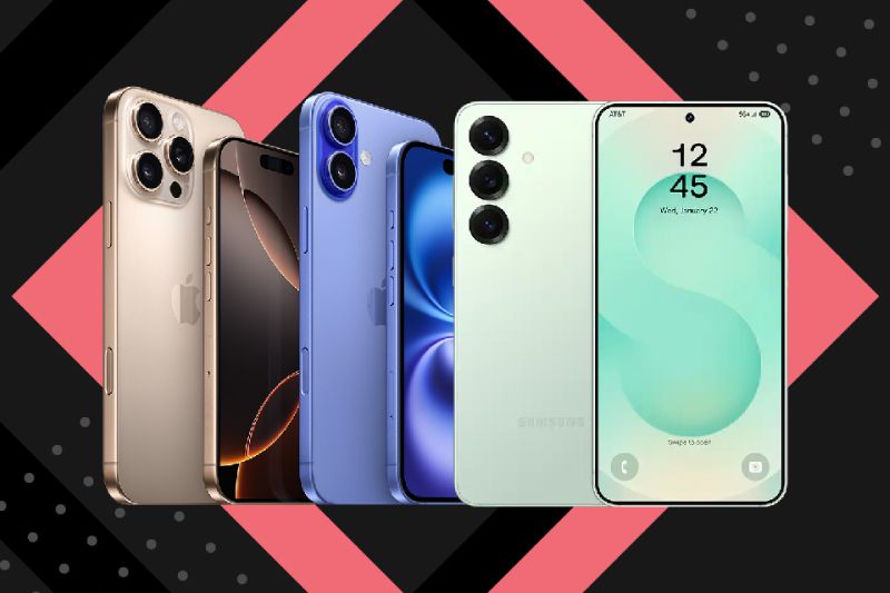Cuatro smartphones modernos colocados sobre un fondo geométrico en tonos negro, rosa y gris.