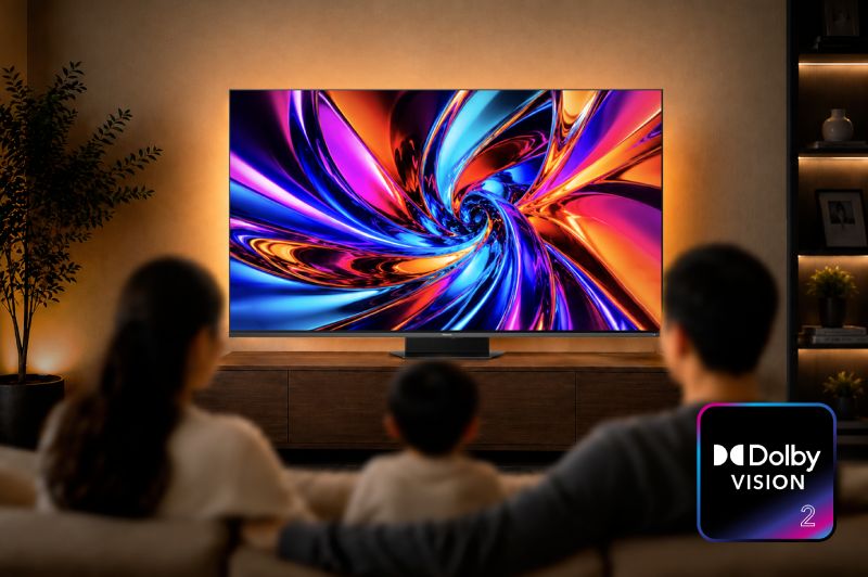 Demostración de Dolby Vision 2 en pantalla Hisense 2026 Imagen promocional del lanzamiento de Dolby Vision 2 en televisores Hisense. En el centro se observa una pantalla inteligente retroiluminada mostrando una imagen abstracta con espirales de luz en colores azul, naranja y violeta, frente a una familia sentada en un sofá. En la esquina inferior derecha aparece el logotipo oficial "Dolby Vision 2" en blanco con bordes degradados.