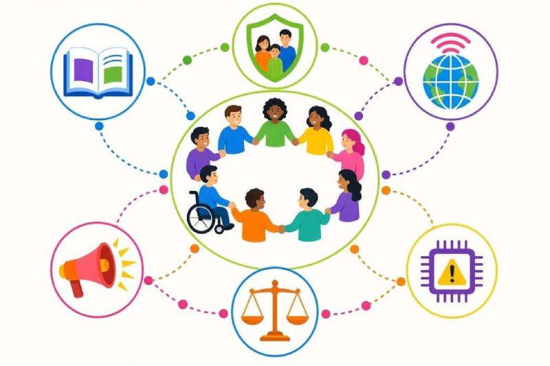 Esquema de derechos digitales y alfabetización de la AIMX Ilustración gráfica con un círculo central con niños tomados de la mano, rodeados por iconos conectados que representan un libro, protección familiar, conectividad global, advertencia cibernética por chip, una balanza de justicia y un megáfono publicitario.