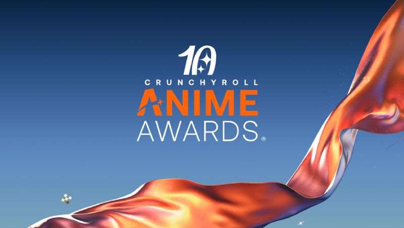 Gráfico promocional con el logotipo de los Crunchyroll Anime Awards en su décimo aniversario, sobre un fondo azul profundo con elementos naranjas metálicos.