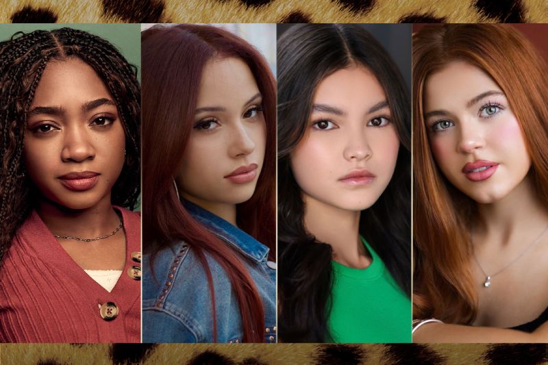 Retratos promocionales del elenco juvenil de “The Cheetah Girls: Next Gen” Collage de cuatro retratos femeninos sobre un fondo con estampado de leopardo.