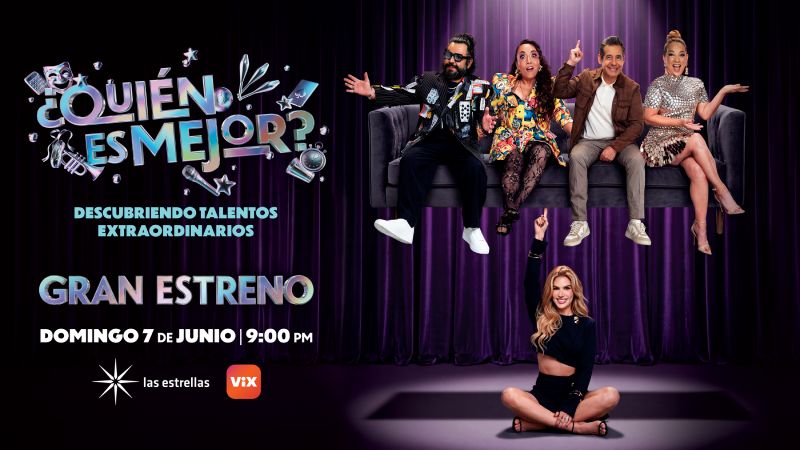 ¿Quién es mejor? – Promocional oficial Fotografía promocional de un elenco posando en un set televisivo con estética escénica y cortinas de fondo.