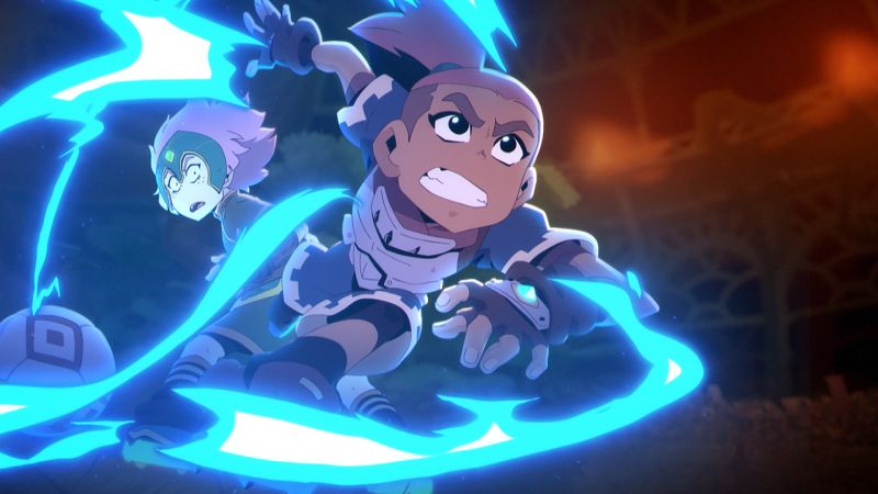 Dos personajes animados en un estadio mientras uno de ellos libera energía azul en un ataque dinámico.