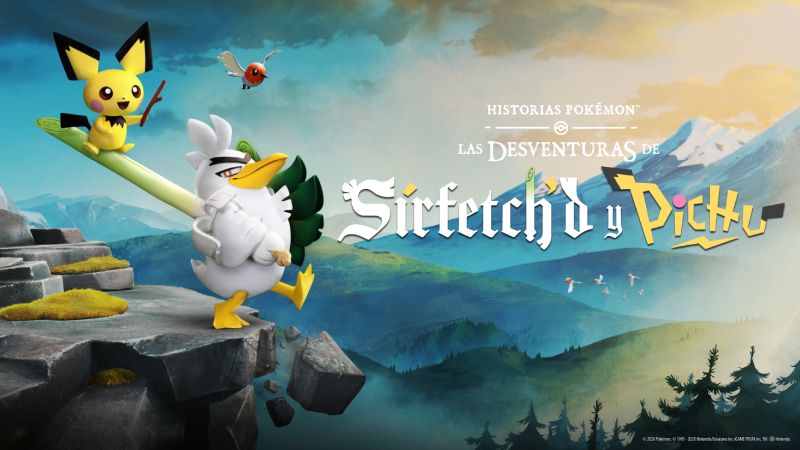 Las desventuras de Sirfetch’d y Pichu Ilustración promocional con dos Pokémon en un entorno natural, posando sobre una formación rocosa con un paisaje montañoso al fondo.