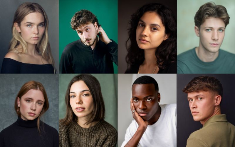 Retratos de ocho personas en composición de estudio con iluminación uniforme y fondos neutros.