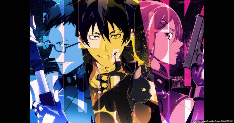 Arte promocional del anime Black Torch Ilustración con tres personajes de estilo anime en composiciones de color contrastante, acompañados por un gato oscuro y elementos visuales que evocan acción y energía sobrenatural.