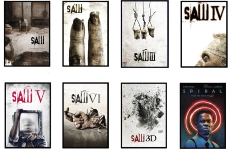 Collage promocional con los carteles de varias películas de la franquicia “Saw”, incluyendo “Saw”, “Saw II”, “Saw III”, “Saw IV”, “Saw V”, “Saw VI”, “Saw 3D” y “Espiral”.