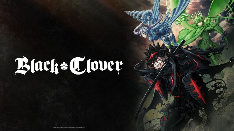 Banner horizontal de la segunda temporada de Black Clover sobre fondo oscuro, con el logotipo oficial a la izquierda y la ilustración de Asta, Yuno y Noelle a la derecha.