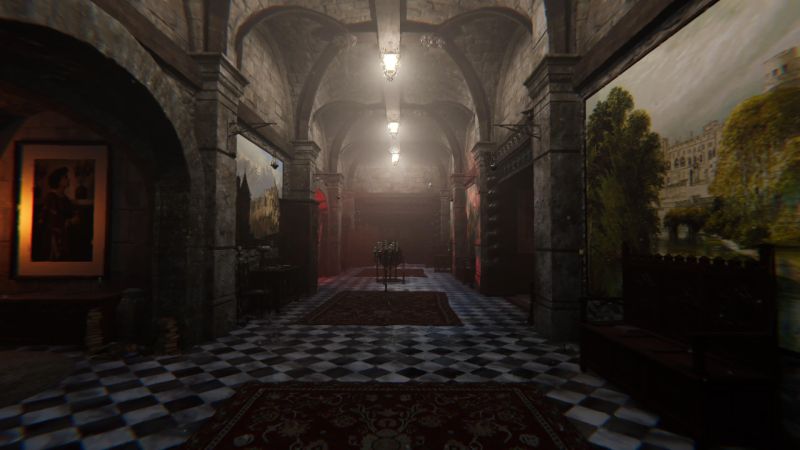 Dark Atlas — Corredor gótico Pasillo de arquitectura clásica con cuadros, arcos y alfombras.