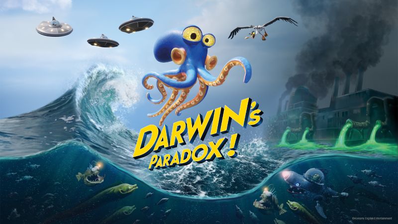 Arte promocional de Darwin’s Paradox! Ilustración colorida con un pulpo azul y naranja emergiendo del océano mientras observa naves voladoras y un entorno contaminado por una fábrica, en un estilo caricaturesco y dinámico.