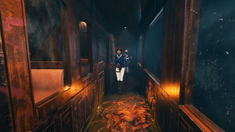 Ground Zero — Pasillo del tren Dos personajes armados avanzan por el pasillo estrecho de un tren antiguo, iluminado tenuemente, mientras una masa orgánica y luminosa cubre el suelo, creando una atmósfera inquietante y de horror.