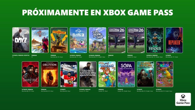 Banner promocional con múltiples portadas de videojuegos organizadas en filas bajo el título “Próximamente en Xbox Game Pass”, sobre un fondo verde característico de Xbox.