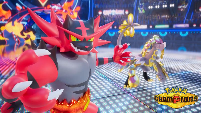 Combate entre Pokémon en un estadio con efectos visuales dinámicos dentro de Pokémon Champions