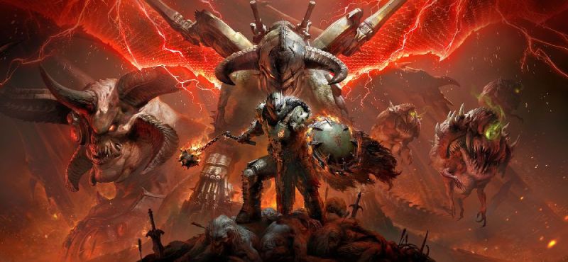 Diablo Immortal x DOOM — Reino del Exterminador Un guerrero armado se enfrenta a criaturas demoníacas en un entorno infernal lleno de fuego, rocas y figuras monstruosas.