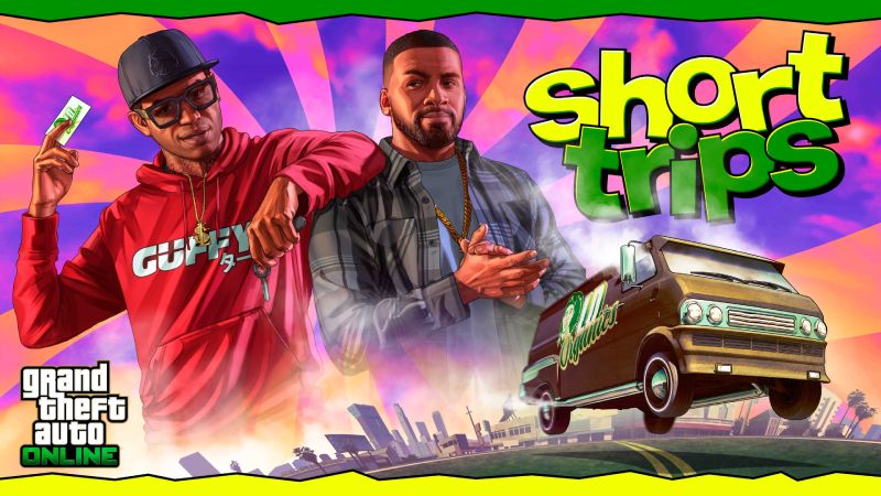 Ilustración colorida con dos personajes posando junto a una camioneta temática, con estética urbana y elementos gráficos vibrantes.