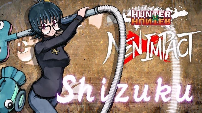 HUNTER×HUNTER NEN×IMPACT – Shizuku DLC Personaje de estilo anime sosteniendo un arma tipo aspiradora en un entorno estilizado con tonos marrones y composición dinámica.