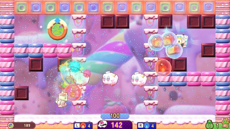 Bubble Bobble Sugar Dungeons Boosted gameplay Escenario colorido de Bubble Bobble Sugar Dungeons Boosted con Bub enfrentando enemigos en una mazmorra de estilo dulce con plataformas y burbujas