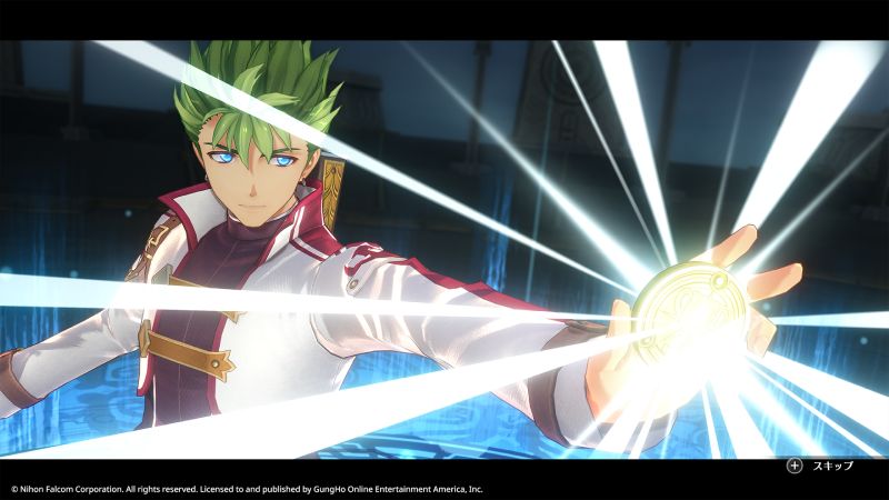 Personaje de cabello verde sosteniendo un artefacto luminoso en un entorno mágico con efectos de luz intensos y estética de fantasía.