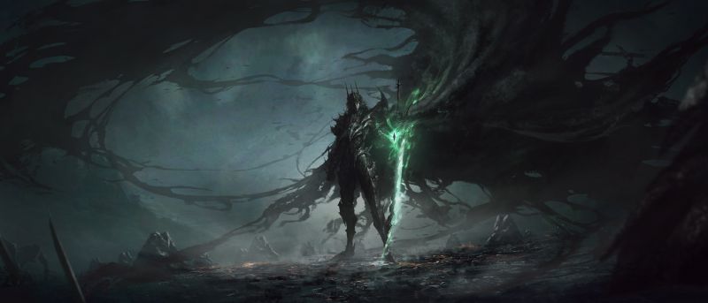 AION – Arte oficial de la clase Dread Blade Arte conceptual del personaje Dread Blade en "AION", mostrando a un guerrero de armadura negra empuñando una espada con energía verde en un escenario oscuro y atmosférico.
