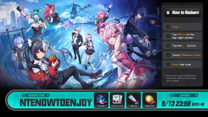 Neverness to Everness recompensas y personajes en mundo abierto Personajes estilo anime en entorno urbano futurista con interfaz de canje de recompensas en Neverness to Everness