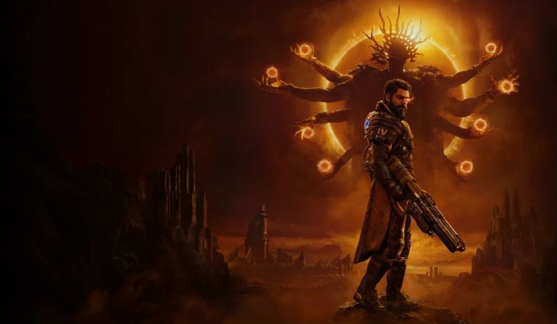 Arte clave oficial de "Saros" con Arjun Devraj de pie frente a una entidad cósmica de múltiples brazos que se alza sobre un eclipse ardiente en el planeta Carcosa.