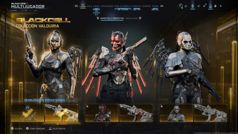 Colección Valquiria – BlackCell Pantalla de menú mostrando la Colección Valquiria con tres operadores y sus desbloqueos instantáneos.