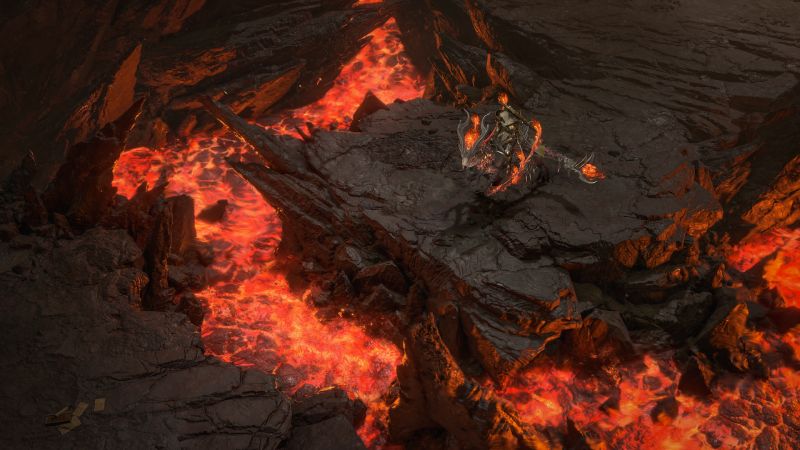 Figura humanoide en un paisaje volcánico iluminado por lava ardiente.