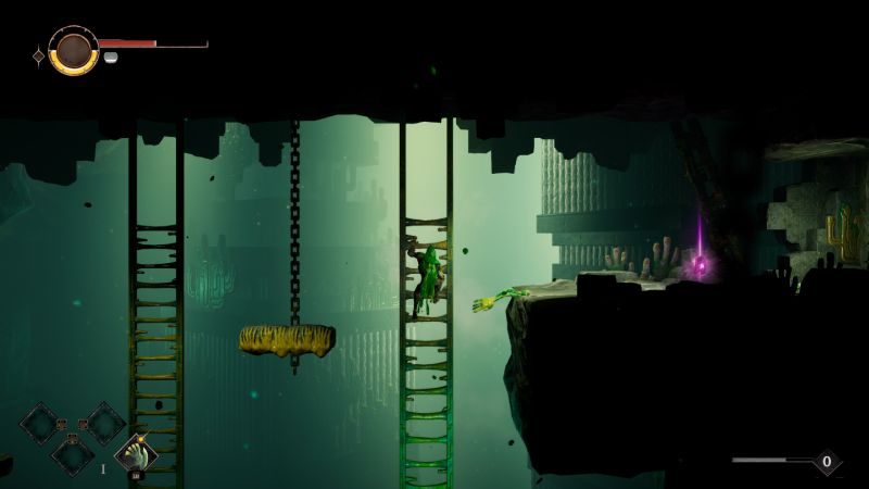 Personaje escalando una estructura metálica con iluminación verde y un cristal púrpura.