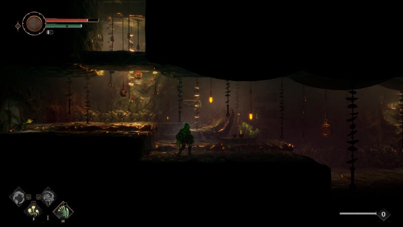 Personaje en una caverna oscura iluminada por lámparas y objetos brillantes.
