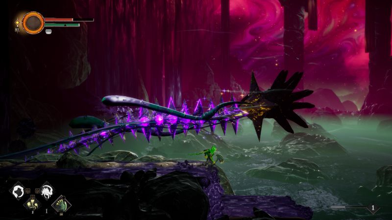 Criatura segmentada con púas brillantes enfrentando a un personaje en un entorno magenta.