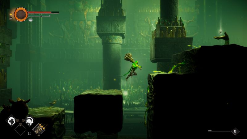 Personaje saltando entre plataformas en un templo iluminado en verde.