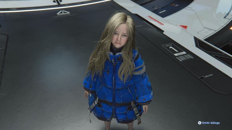Niña androide en un entorno futurista con interfaz de diálogo.